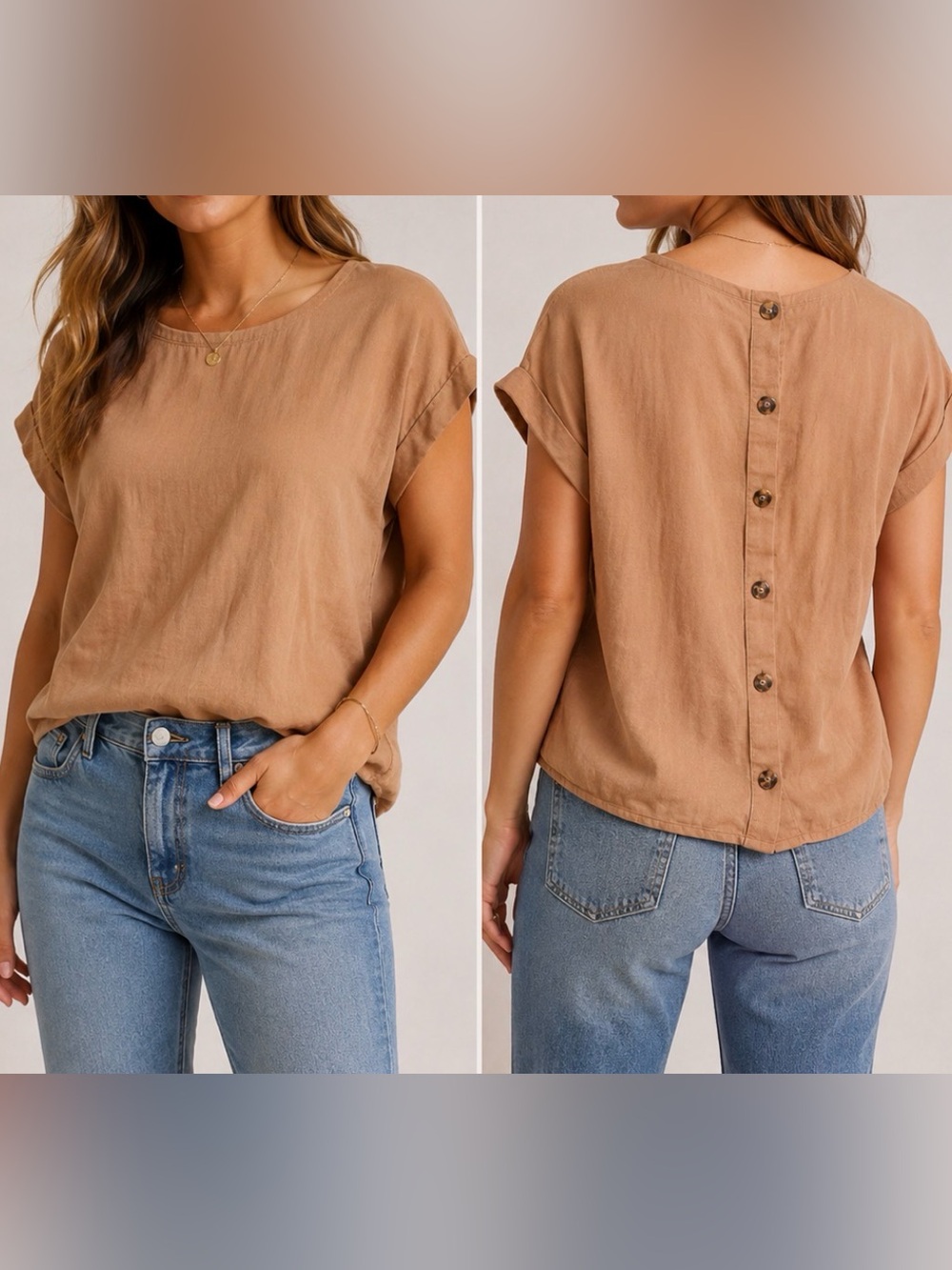 Velvet Heart Linen Blend Tan Button Back Top | Lightweight Boho Neutral Blouse